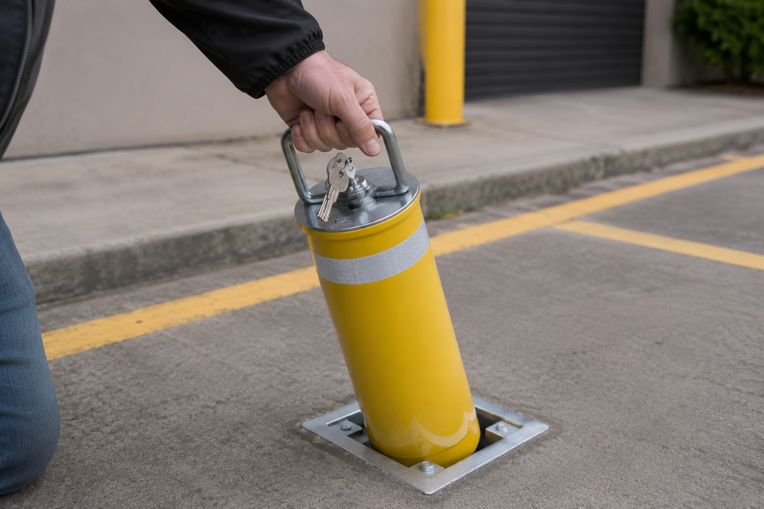 Close-up of a key holder folding down or lifting out a removable bollard