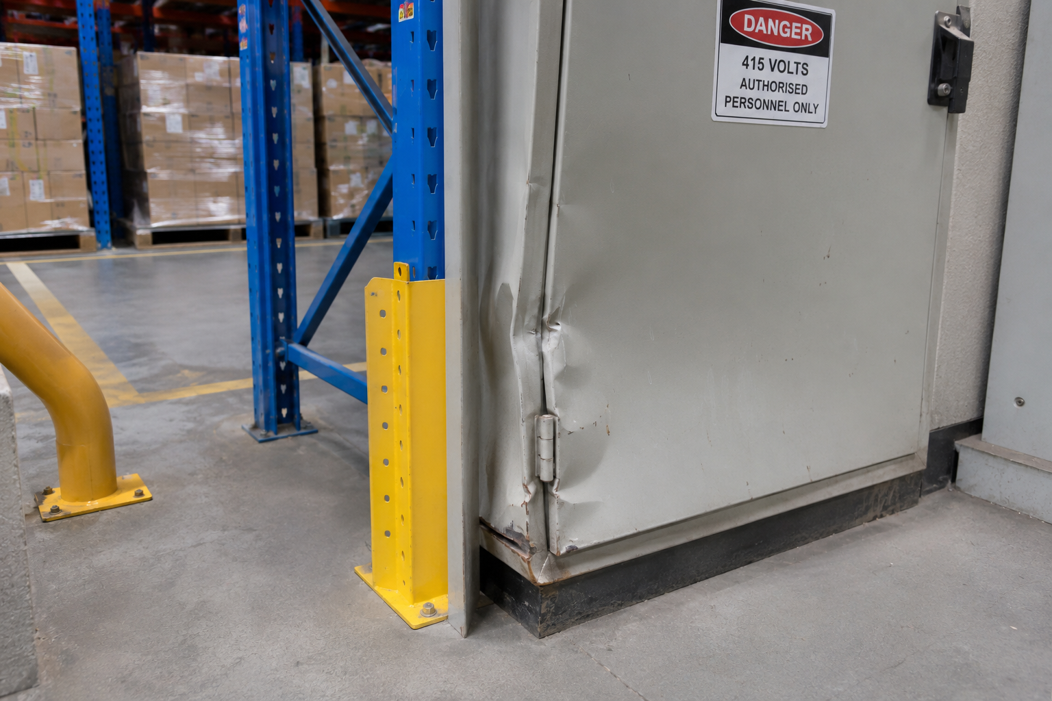 a damaged racking end frame or a dented switchboard door showing corner impact.