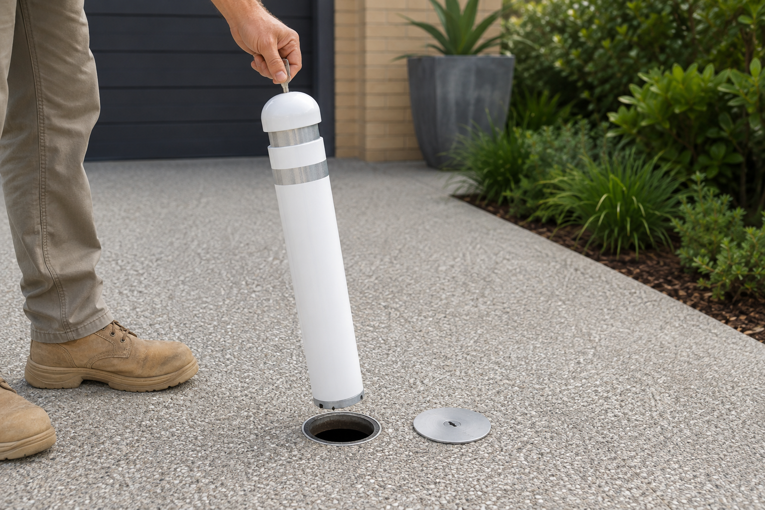 a keyed removable bollard lifted out beside its flush cover plate