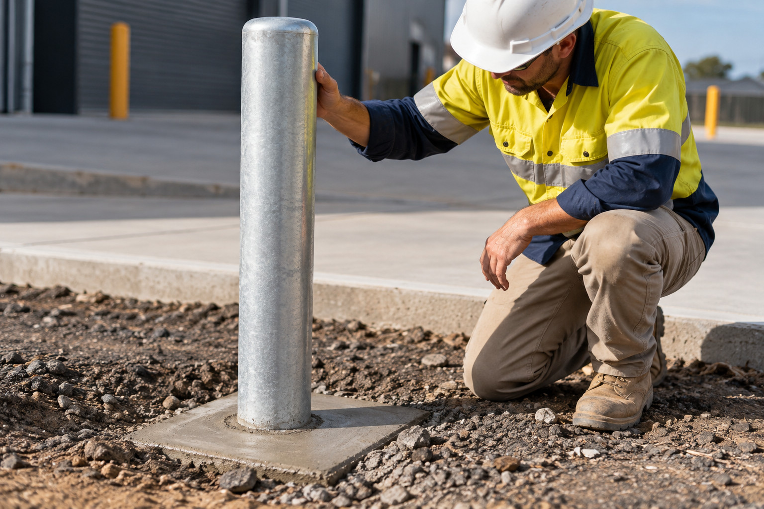 Worker inspecting a steel bollard and its concrete footing