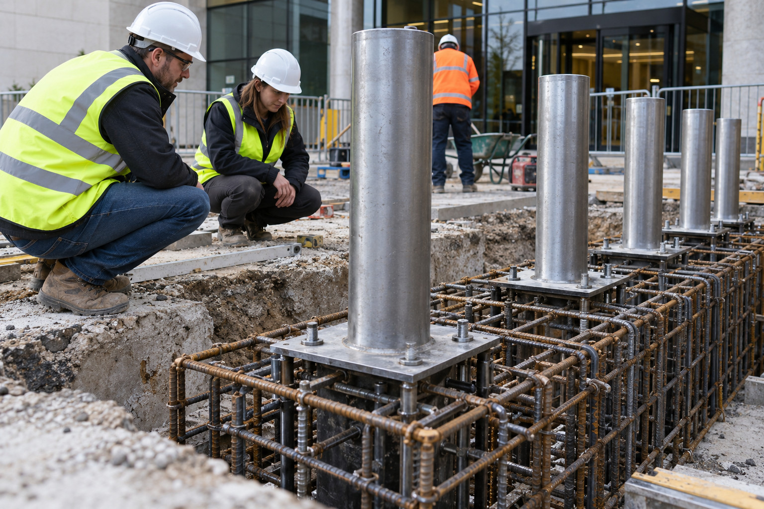Engineers inspecting reinforced foundation work for a row of substantial bollards