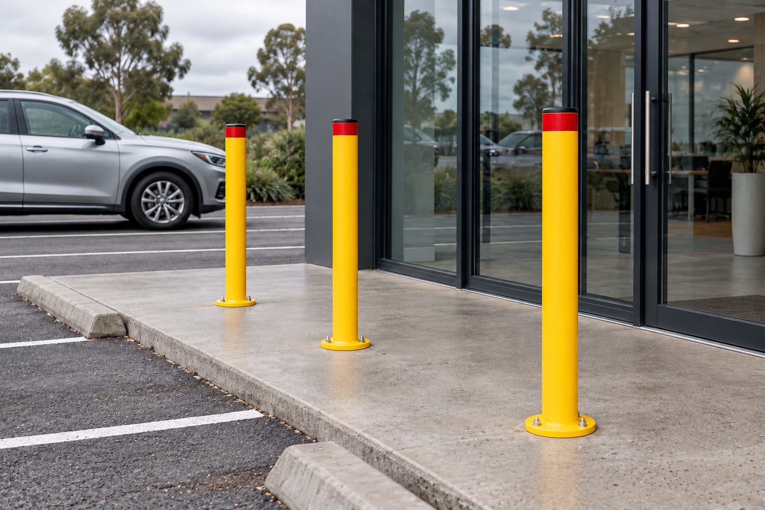 Yellow surface-mounted bollards separating a glass shopfront walkway from a car park.
