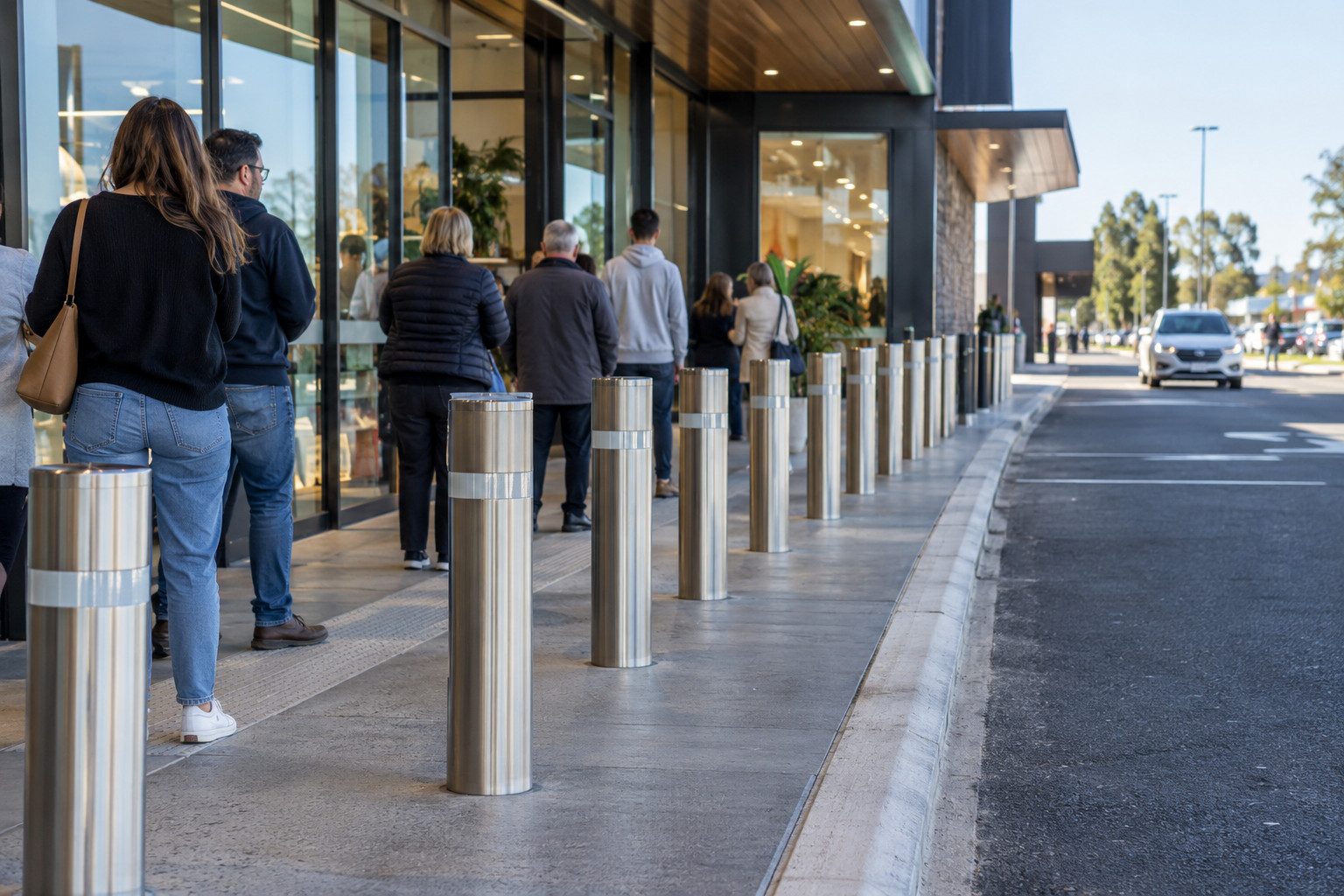 People queuing behind a line of bollards at a glass shopfront