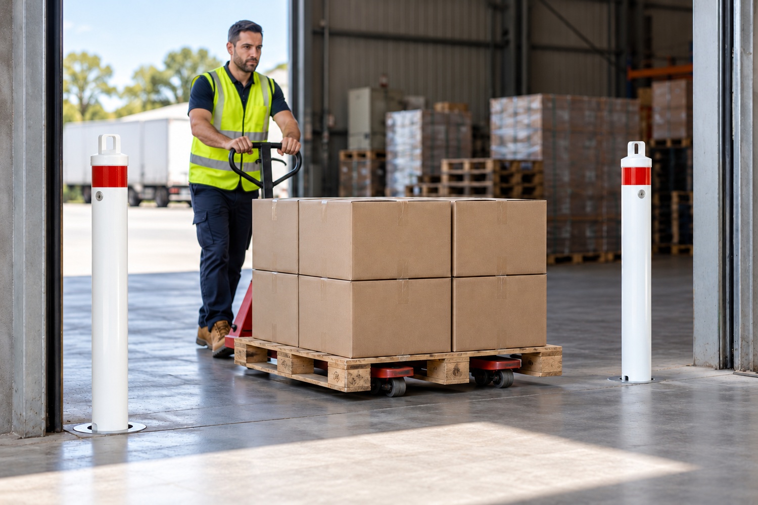 Warehouse worker moving a loaded pallet jack through a wide opening between white removable bollards.