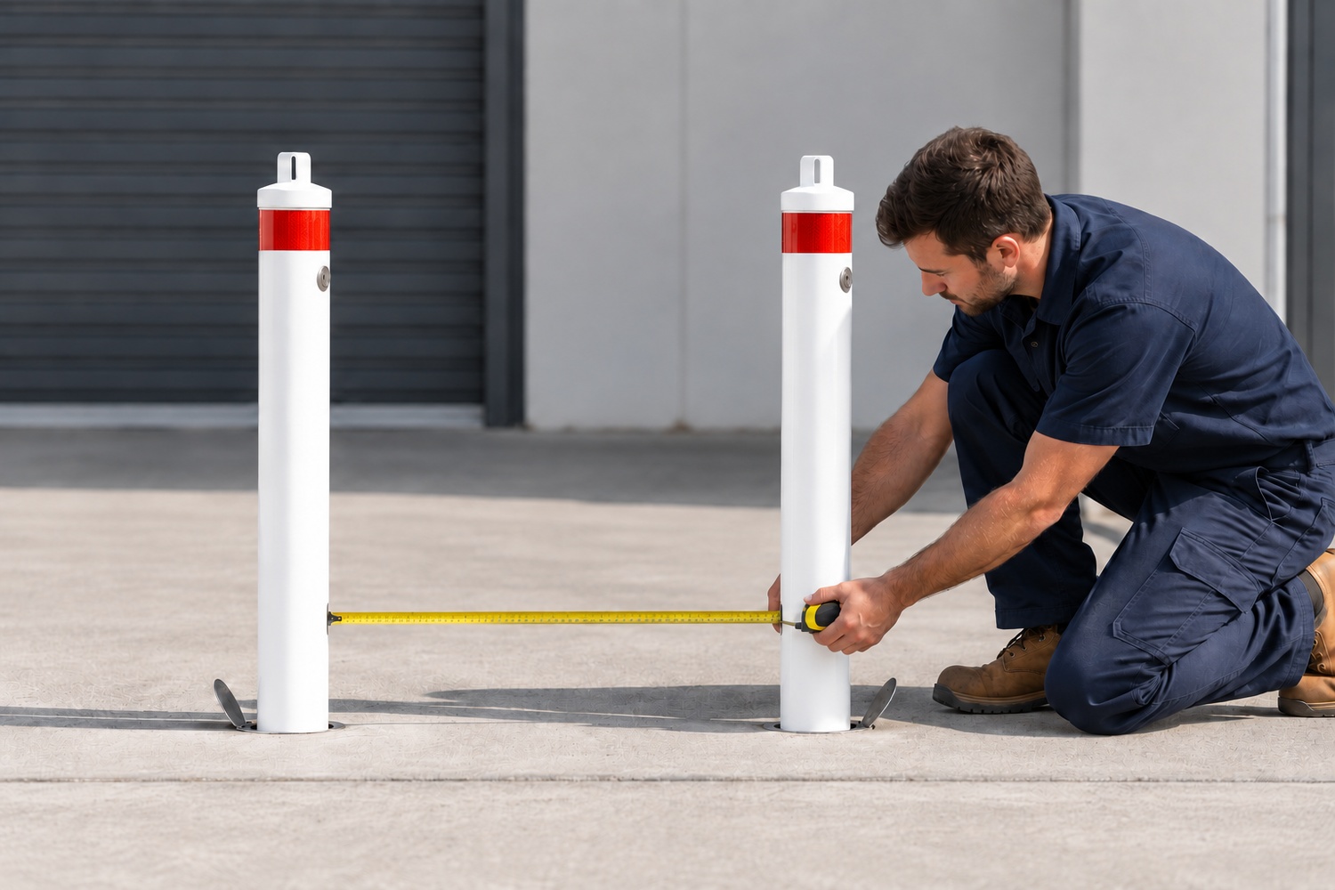 Tradesperson measuring the clear opening between two white removable bollards with a tape measure.