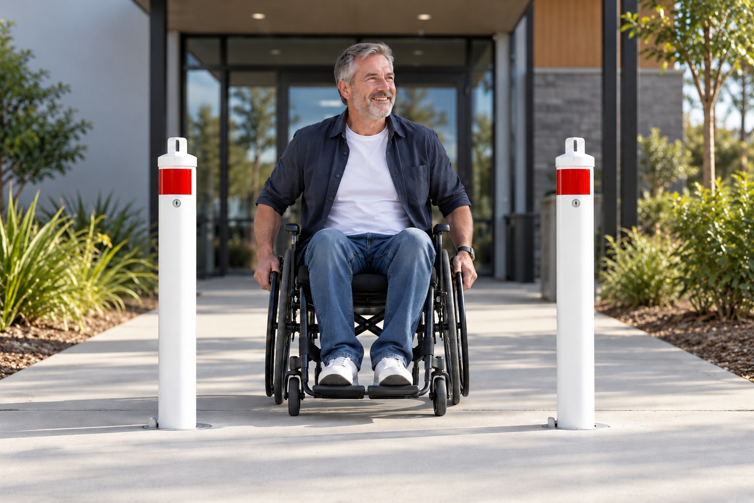 Wheelchair user passing comfortably between two white removable bollards on a level concrete path.