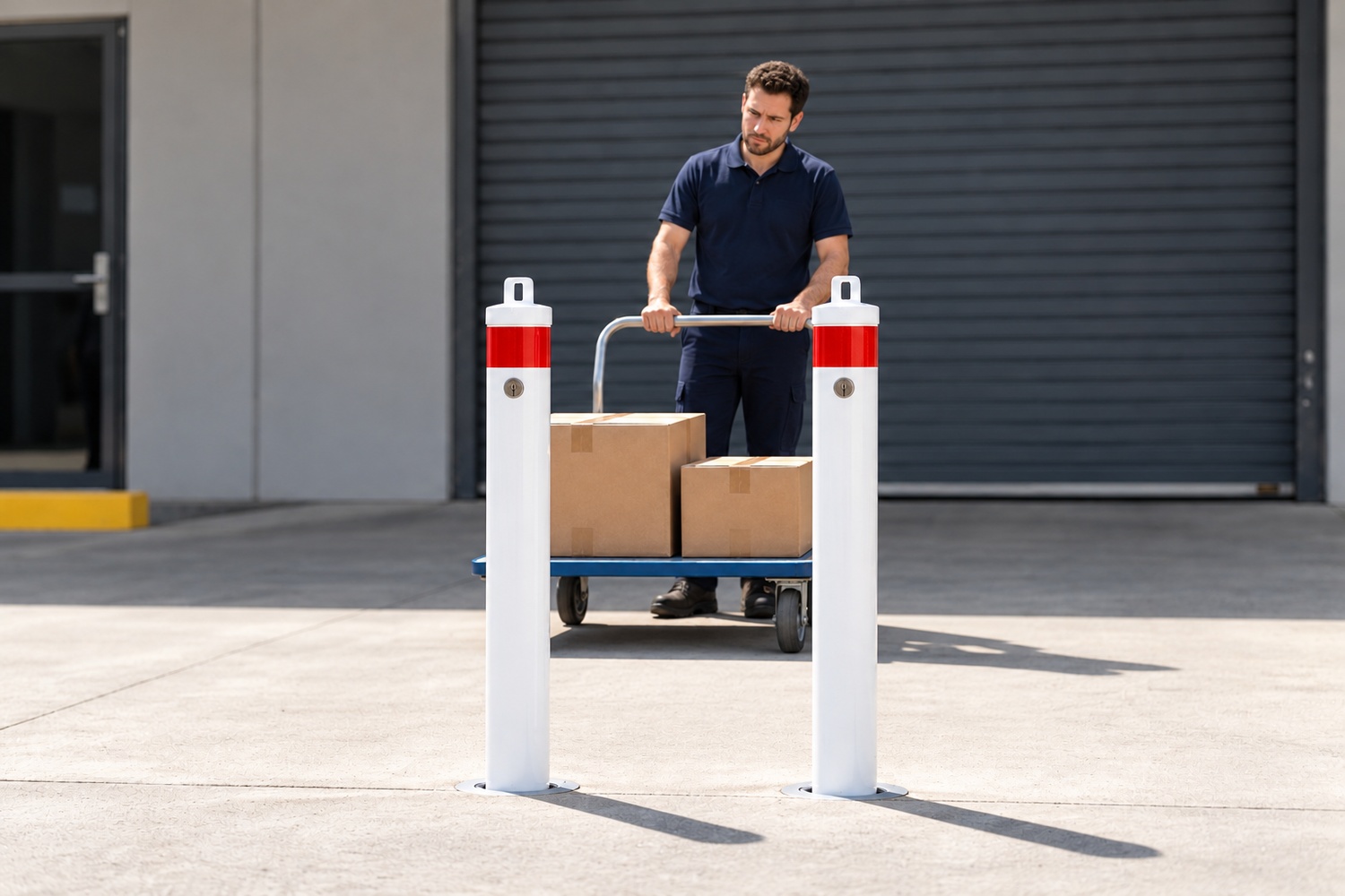 Delivery worker stopped behind two closely spaced white bollards with a platform trolley wider than the opening.
