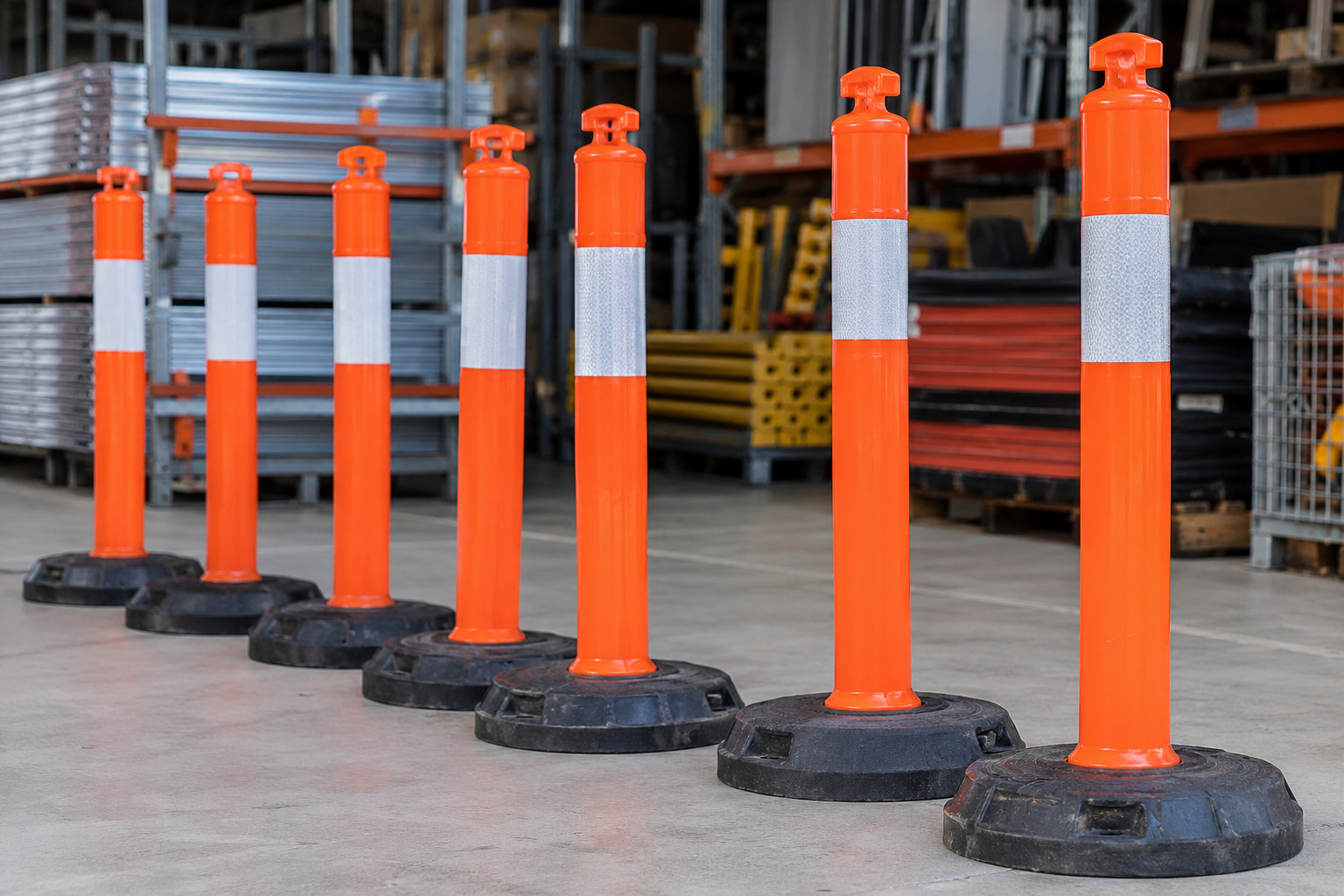 Portable orange plastic traffic posts with white reflective bands and weighted bases stand in an equipment depot.