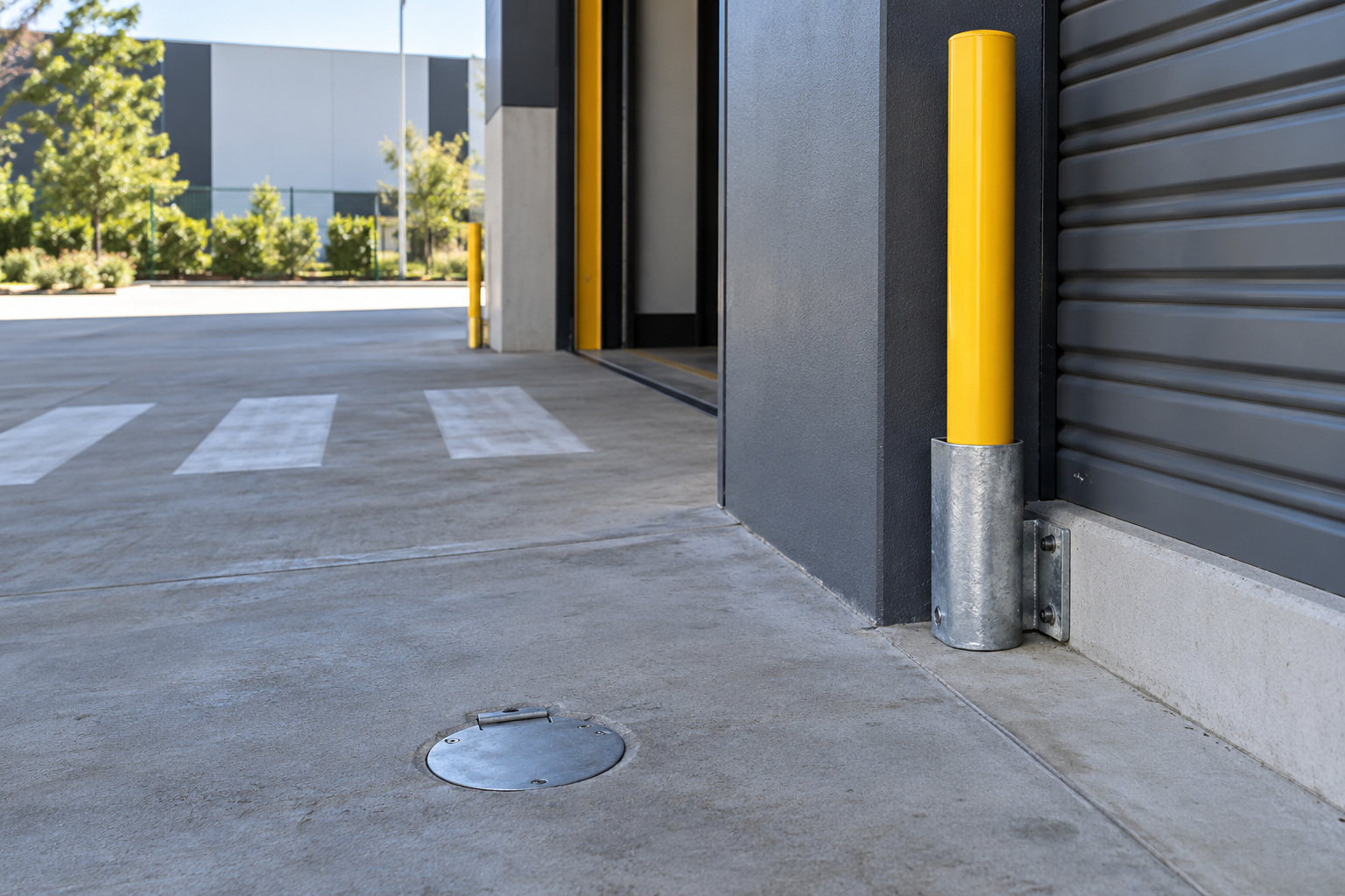 A removed yellow bollard is stored upright beside a wall while the driveway sleeve remains covered flush with concrete.