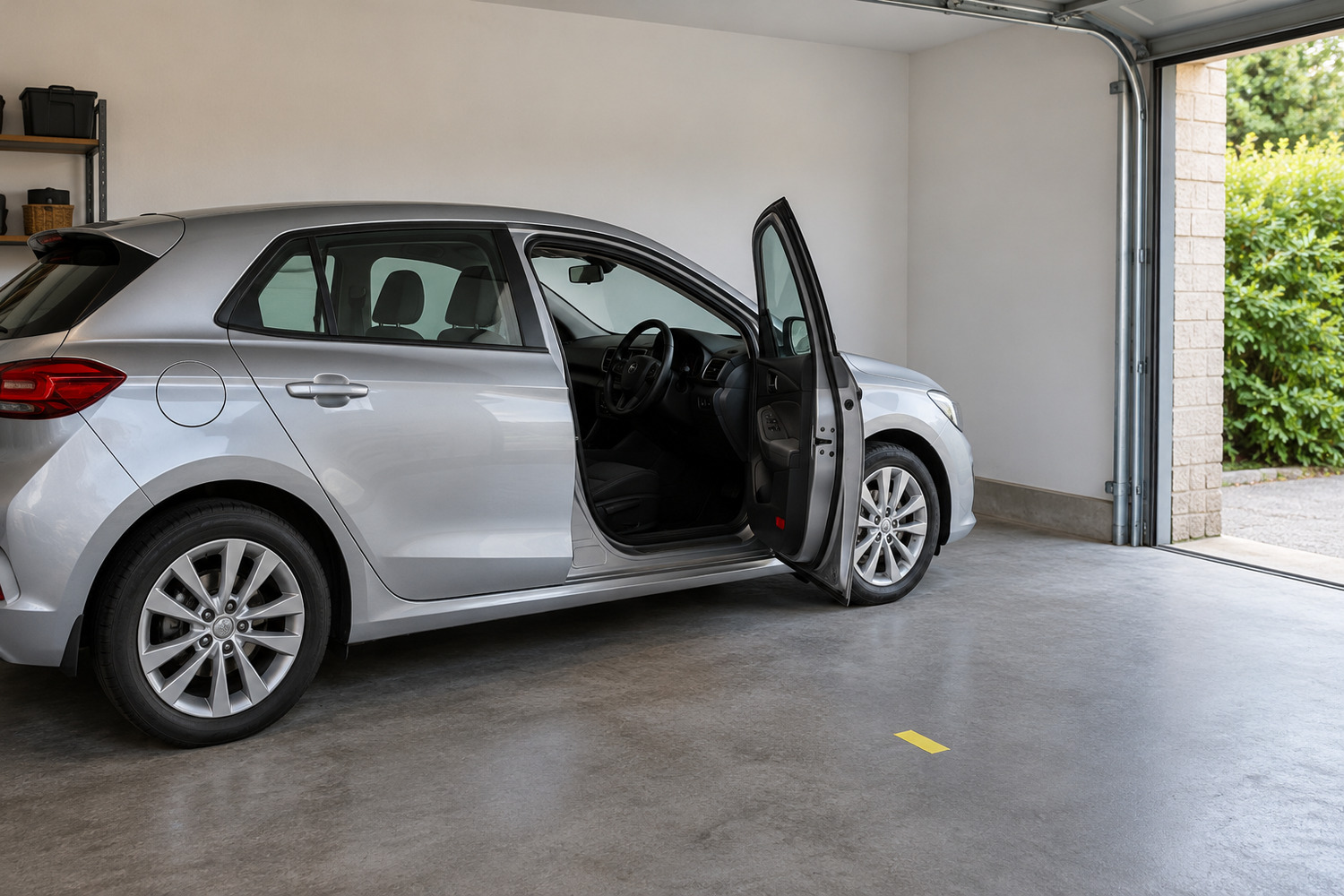 An open car door and a removable floor mark show access considerations inside a garage.