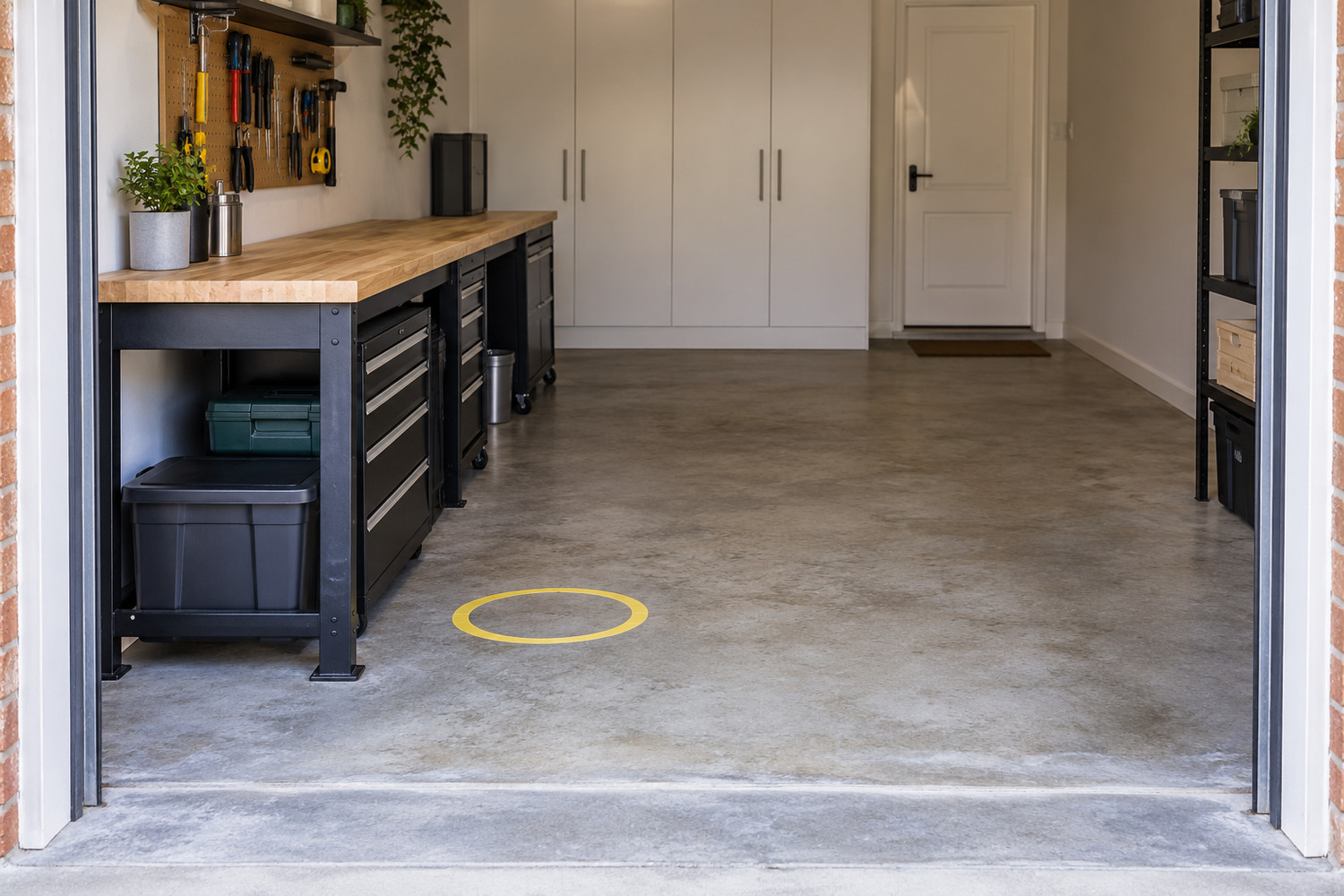 Tape marks a proposed bollard area near a workbench in an empty single-car garage.