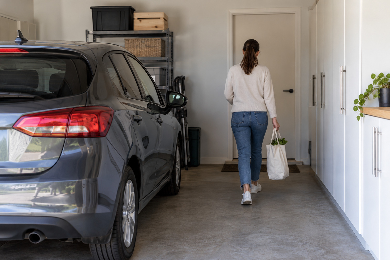 An adult carries shopping along a clear route beside a parked car toward the internal garage door.