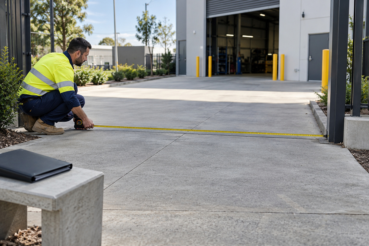 An installer measures the width of a concrete commercial driveway before installation work.
