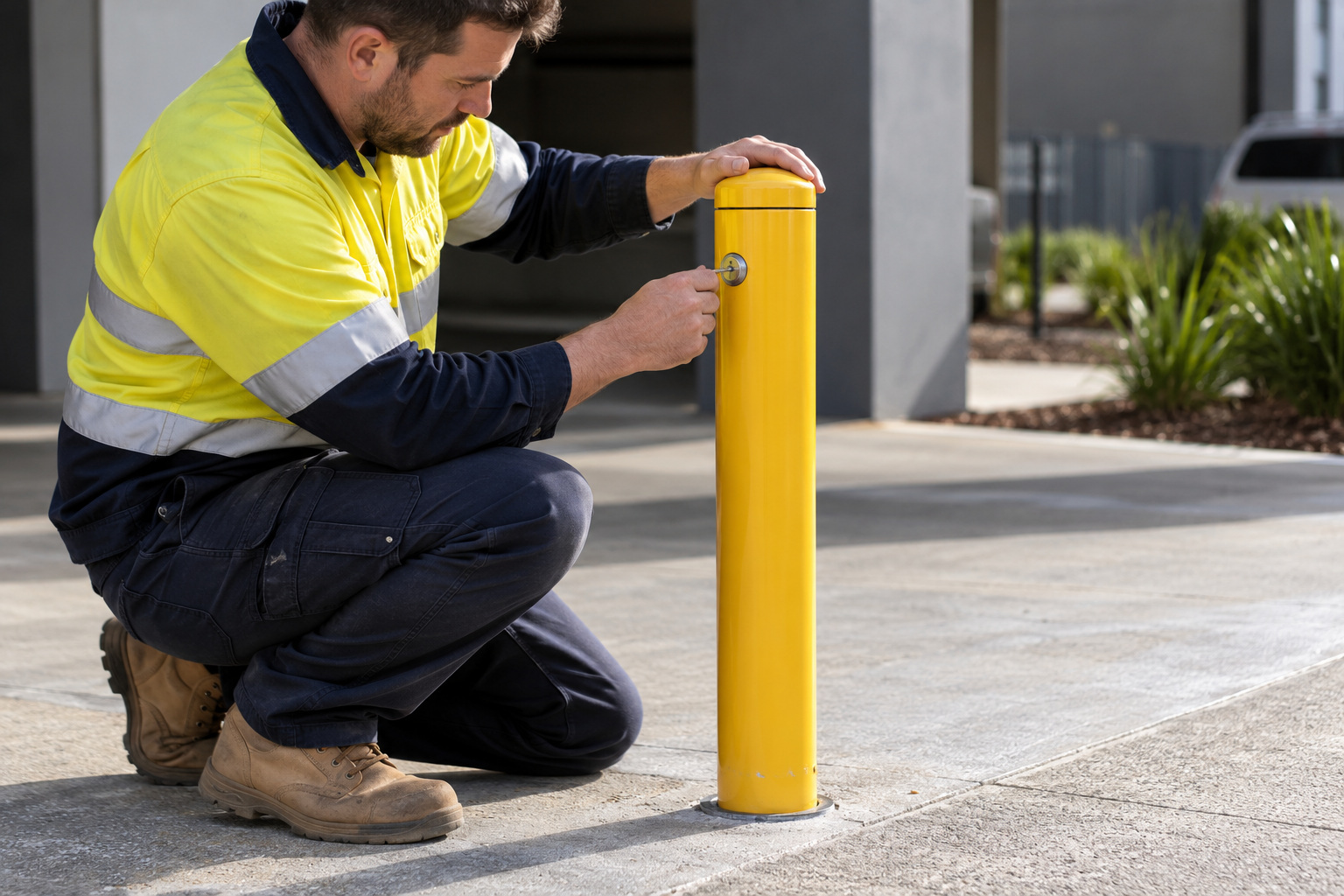 A kneeling worker uses a key in a yellow removable bollard while steadying its capped top.