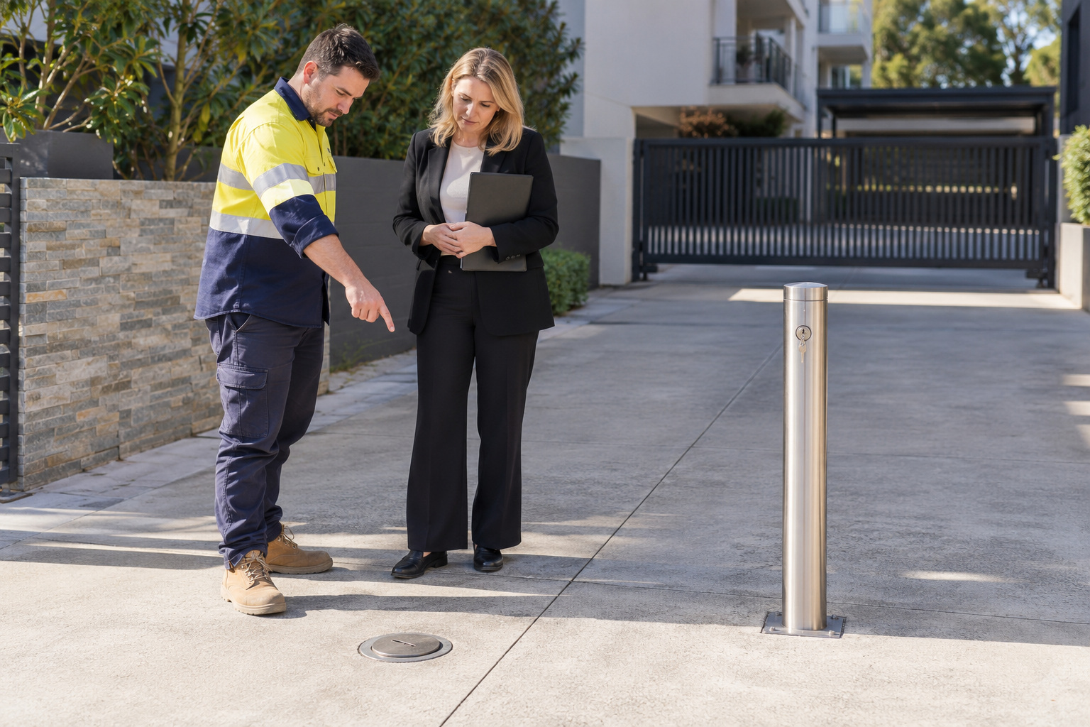 An installer and property manager assess a concrete entrance beside a steel bollard and covered ground sleeve.