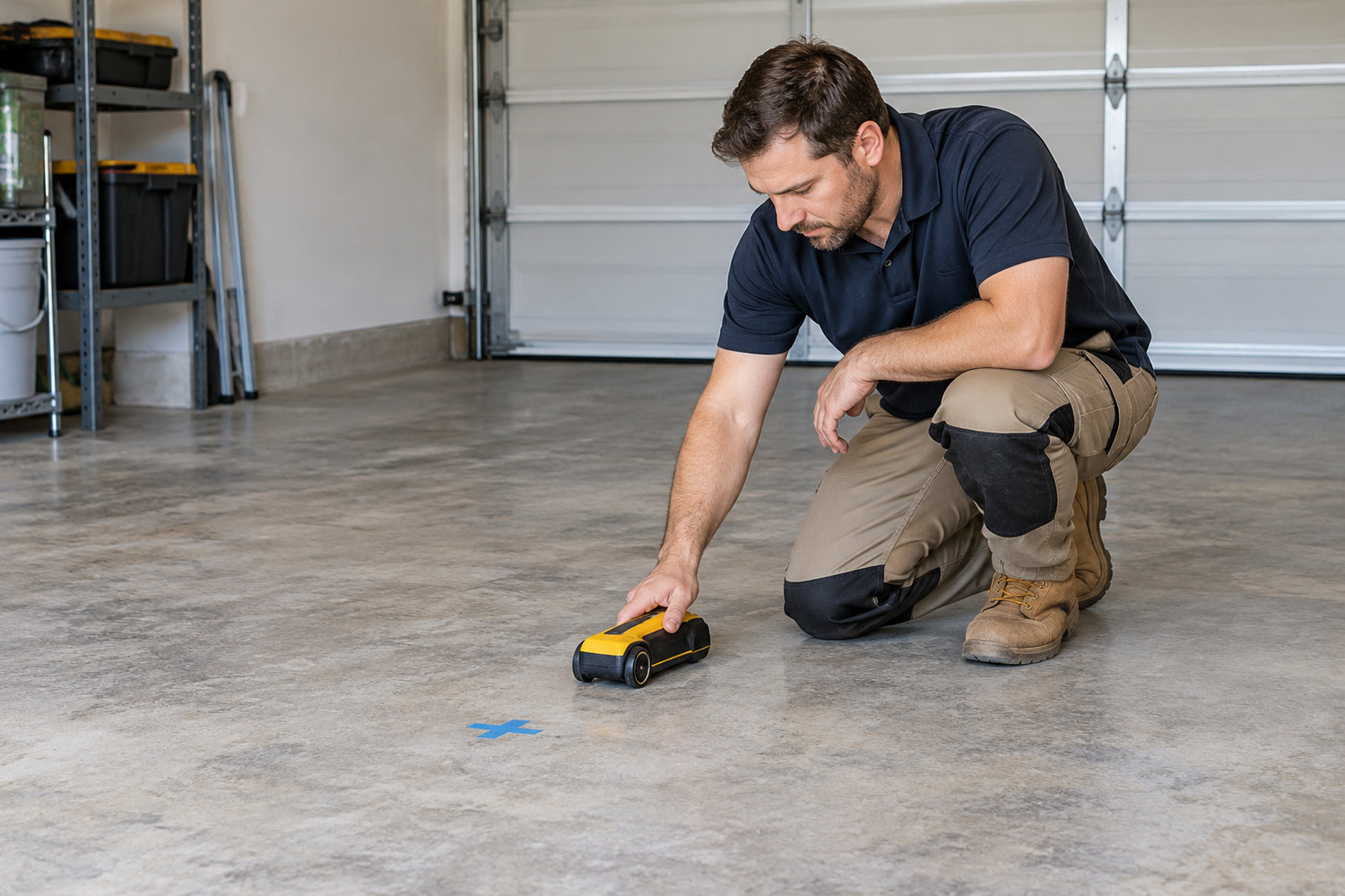 Installer checks an intact concrete garage slab with a compact scanner near a proposed floor mark.
